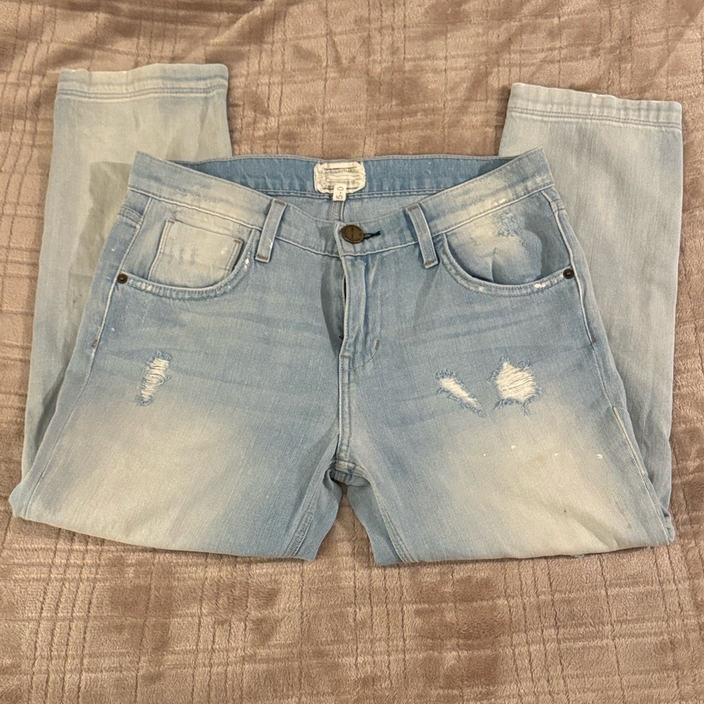 Current/Elliott Light Blue Distressed Crop Jeans